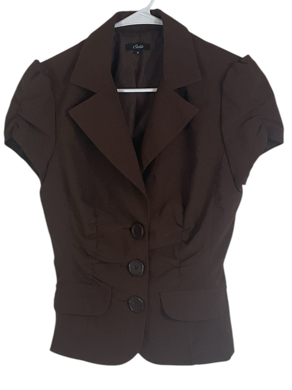 Selé Women’s Brown Short Sleeve Blazer Jacket Size M Ruched Tailored Career Offi